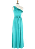 Elegant Off-One-Shoulder Ruffle And Rhinestone Decorated Strap Milk Silk Women's Maxi Dress LAKE BLUE
