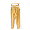 Style Ruffled Lacework Embellished Elastic High Waist Pockets Design Polyester Women's Ninth Pants YELLOW