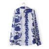 Plus Size Blue And White Porcelain Print Long Sleeves Women's Chiffon Shirt