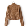 Solid Color Long Sleeves Stand Collar Fashionable Style Women's Faux Leather Jacket COFFEE