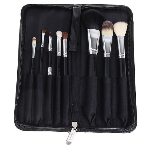 8PCS Professional Cosmetic Tool Wool Brushes with Zipper Leather Bag - Black