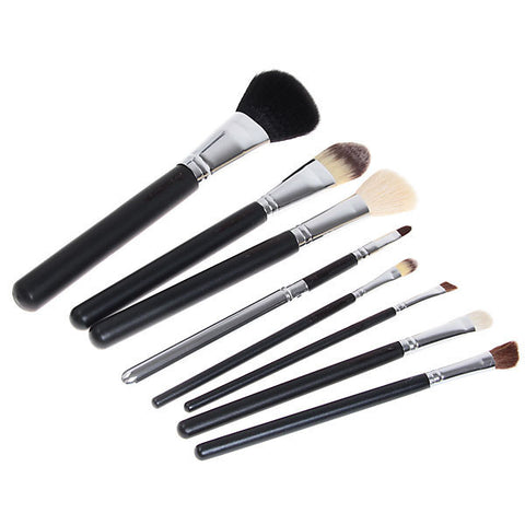 8PCS Professional Cosmetic Tool Wool Brushes with Zipper Leather Bag - Black