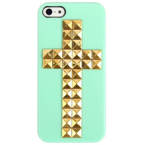 Cross Rivets Studs with Metal Skin Design Plastic Hard Back Cover Case for iPhone 5 (Green)