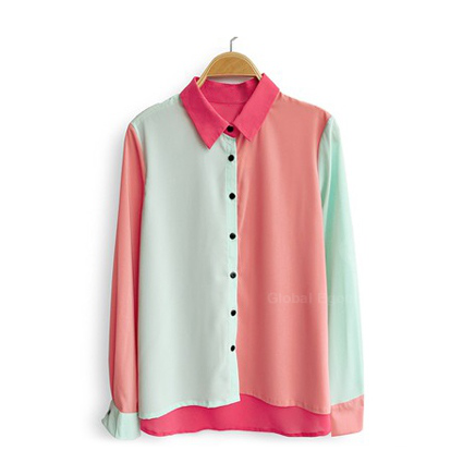 Casual Style Polo Collar Contrast Color Splicing Long Sleeve Shirt For Women