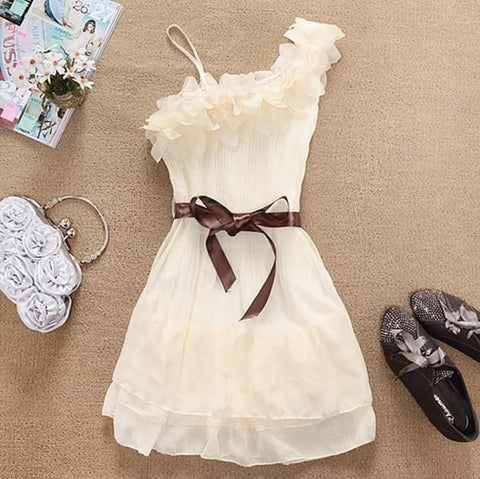 Delicate One Shoulder Chiffon Dress Ribbon