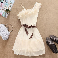Delicate One Shoulder Chiffon Dress Ribbon