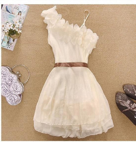 Delicate One Shoulder Chiffon Dress Ribbon