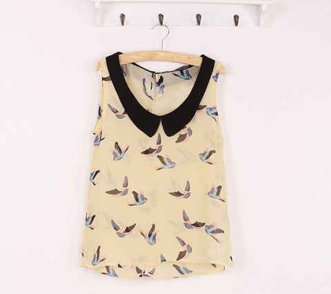 Dove Birds Blouse Sweet Peter Pan Collar Bird Print Women's Sleeveless Chiffon Blouse