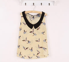 Dove Birds Blouse Sweet Peter Pan Collar Bird Print Women's Sleeveless Chiffon Blouse