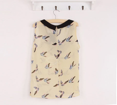 Dove Birds Blouse Sweet Peter Pan Collar Bird Print Women's Sleeveless Chiffon Blouse