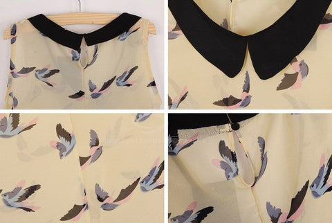 Dove Birds Blouse Sweet Peter Pan Collar Bird Print Women's Sleeveless Chiffon Blouse