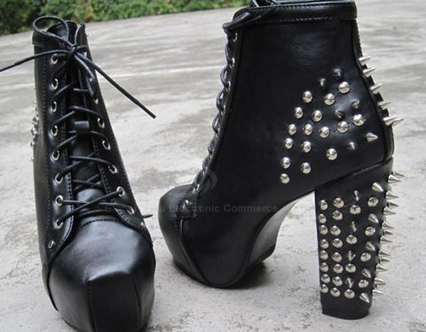 Stylish Elegant Solid Color Lace-Up Rivets Chunky Heel Design Women's Boots