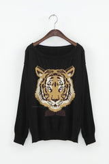 Tiger with Papillon Knitting Sweater BLACK