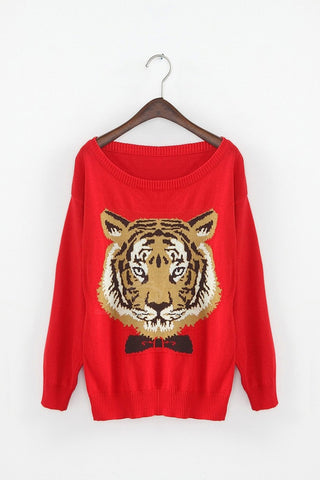 Tiger with Papillon Knitting Sweater RED