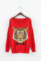 Tiger with Papillon Knitting Sweater RED