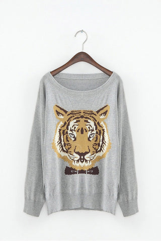 Tiger with Papillon Knitting Sweater GRAY