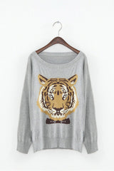 Tiger with Papillon Knitting Sweater GRAY
