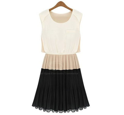 Elegant Scoop Neck Sleeveless Color Match Chiffon Women's Pleated Dress