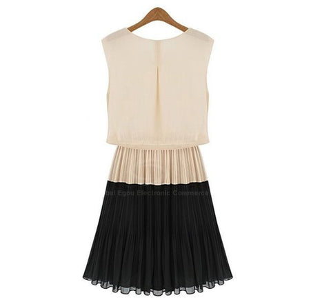 Elegant Scoop Neck Sleeveless Color Match Chiffon Women's Pleated Dress
