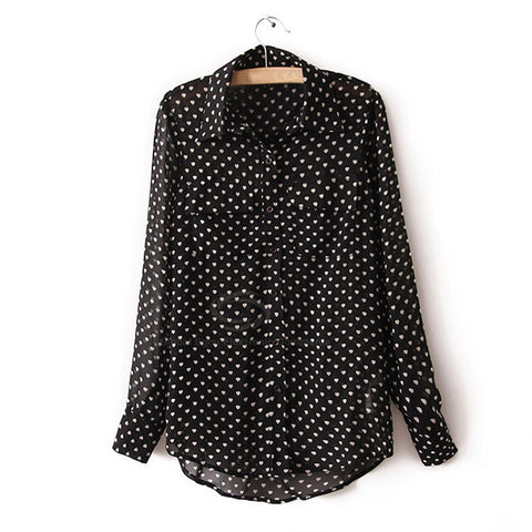 Heart Blouse Casual Shirt Collar Love Shape Print Openwork Chiffon Women's Blouse