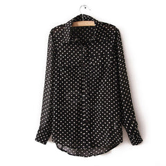 Heart Blouse Casual Shirt Collar Love Shape Print Openwork Chiffon Women's Blouse