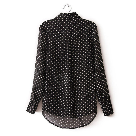 Heart Blouse Casual Shirt Collar Love Shape Print Openwork Chiffon Women's Blouse