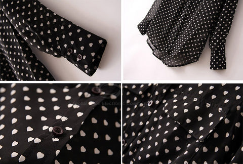 Heart Blouse Casual Shirt Collar Love Shape Print Openwork Chiffon Women's Blouse