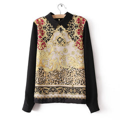 Elegant Polo Neck Colorful Totem Pattern Chiffon Women's Blouse