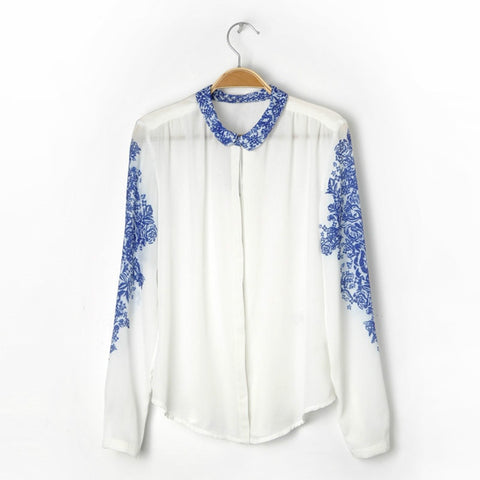 Retro Style Blue And White Porcelain Print Chiffon Women's Shirt