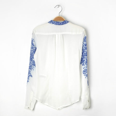 Retro Style Blue And White Porcelain Print Chiffon Women's Shirt