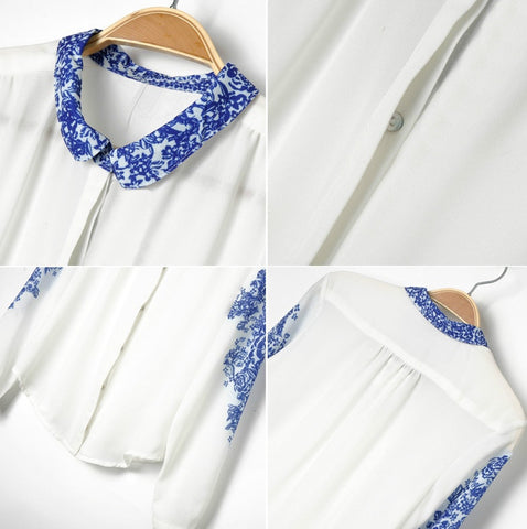 Retro Style Blue And White Porcelain Print Chiffon Women's Shirt
