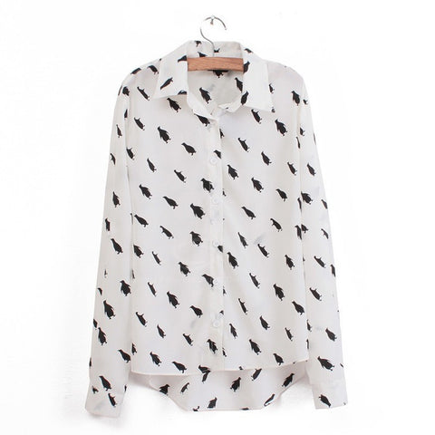 Long Sleeves Penguin Casual Shirt Blouse BLACK