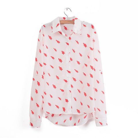 Long Sleeves Penguin Casual Shirt Blouse RED
