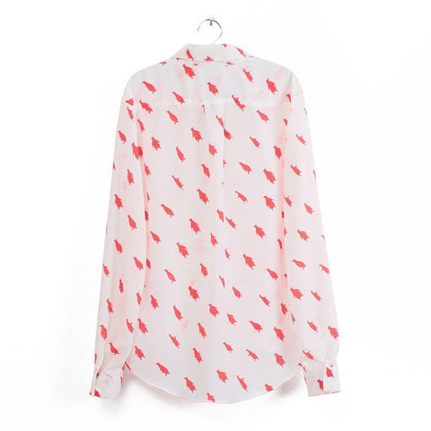 Long Sleeves Penguin Casual Shirt Blouse RED