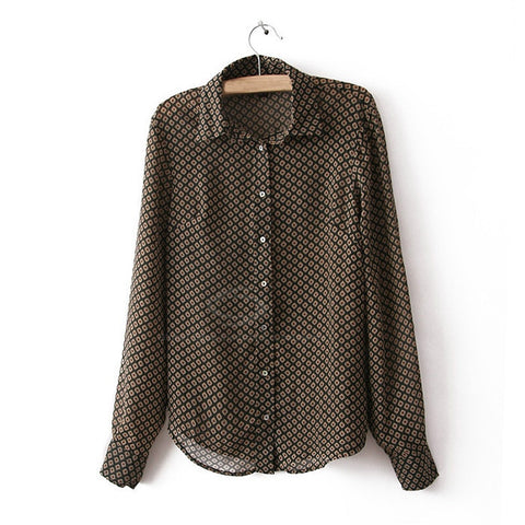 Long Sleeves Brown Casual Shirt Blouse Geometrical Pattern