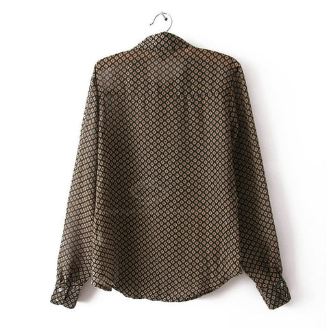 Long Sleeves Brown Casual Shirt Blouse Geometrical Pattern