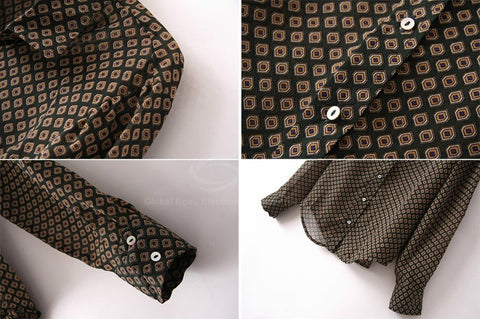 Long Sleeves Brown Casual Shirt Blouse Geometrical Pattern