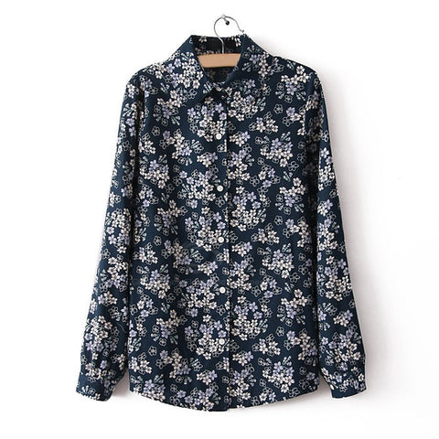 Long Sleeves Casual Shirt Blouse Floral BLUE