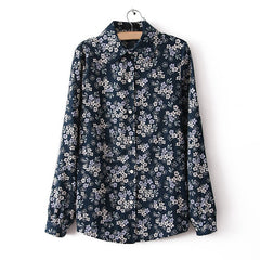 Long Sleeves Casual Shirt Blouse Floral BLUE