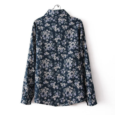 Long Sleeves Casual Shirt Blouse Floral BLUE