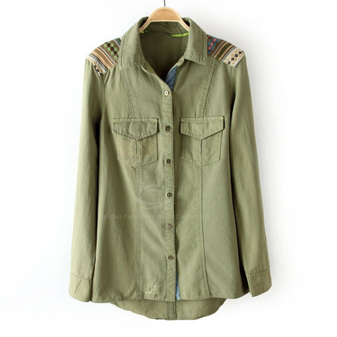 Blouse Fashional Embroidered Applique Long Sleeved Green Women's Denim Shirt