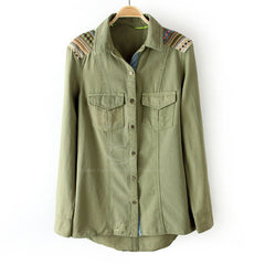 Blouse Fashional Embroidered Applique Long Sleeved Green Women's Denim Shirt