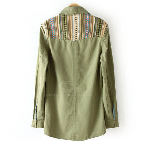 Blouse Fashional Embroidered Applique Long Sleeved Green Women's Denim Shirt