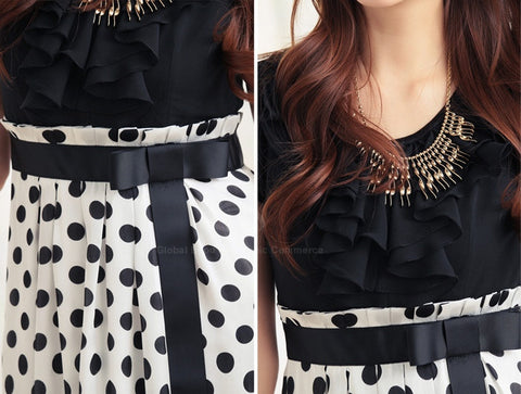 Sweet Scoop Neck Short Sleeves Ruffle Decoration Polka Dots Hem Chiffon Women's Dress BLACK
