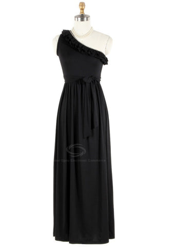 Elegant Off-One-Shoulder Ruffle And Rhinestone Decorated Strap Milk Silk Women's Maxi Dress BLACK
