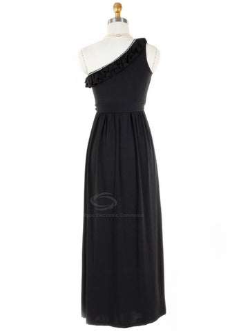 Elegant Off-One-Shoulder Ruffle And Rhinestone Decorated Strap Milk Silk Women's Maxi Dress BLACK