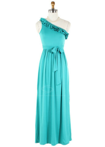 Elegant Off-One-Shoulder Ruffle And Rhinestone Decorated Strap Milk Silk Women's Maxi Dress LAKE BLUE