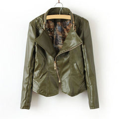Street Fashion Lapel Slim Fit Zipper PU Leather Women's Jacket GREEN