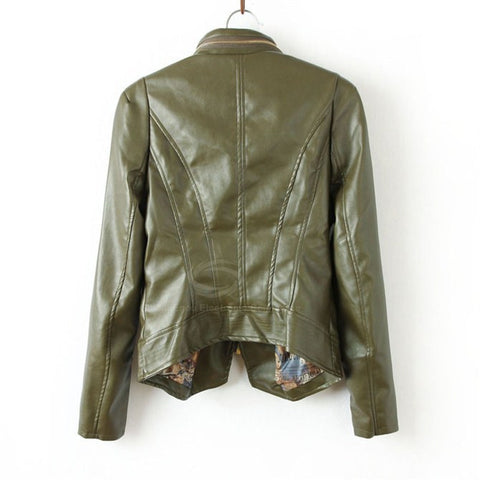 Street Fashion Lapel Slim Fit Zipper PU Leather Women's Jacket GREEN
