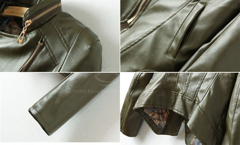 Street Fashion Lapel Slim Fit Zipper PU Leather Women's Jacket GREEN